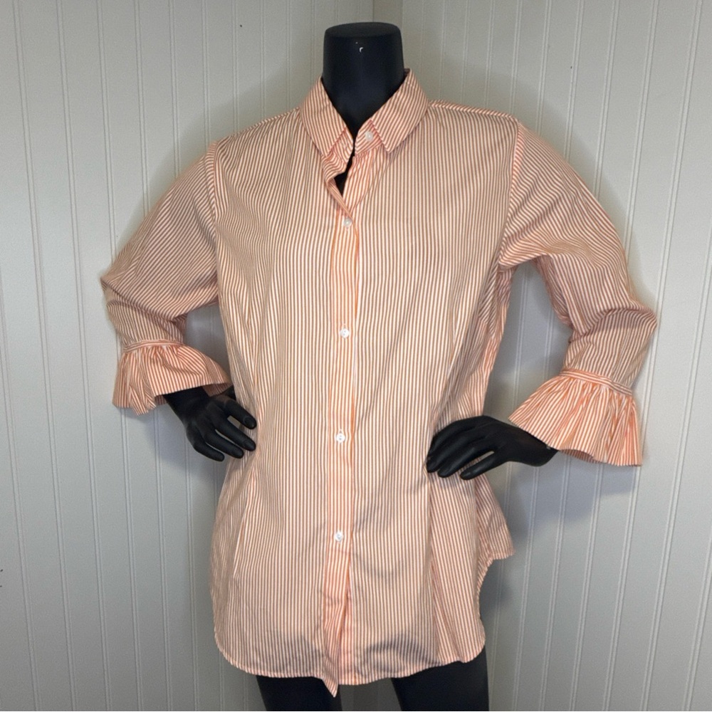 Gretchen Scott Top Womens XL Priss Brooks Blouse Stripe 3/4 Ruffle Sleeve